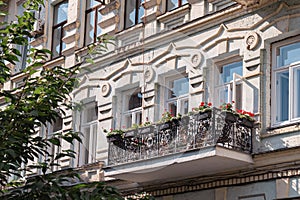 Facades of buildings of the 19th century in the yard near Academic Theater of Opera and Ballet on Volodymyrska Streets in Kyiv