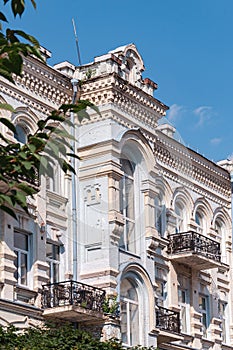 Facades of buildings of the 19th century in the yard near Academic Theater of Opera and Ballet on Volodymyrska Streets in Kyiv