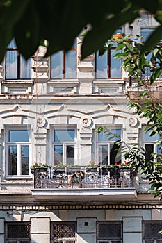 Facades of buildings of the 19th century in the yard near Academic Theater of Opera and Ballet on Volodymyrska Streets in Kyiv