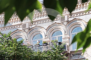 Facades of buildings of the 19th century in the yard near Academic Theater of Opera and Ballet on Volodymyrska Streets in Kyiv