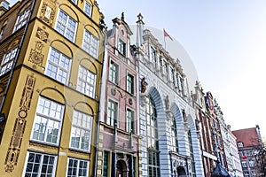 Facades of colorful historical merchant houses in the center of Gdansk, Poland