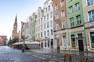 Facades of colorful historical merchant houses at the Long Market square in the center of Gdansk, Poland