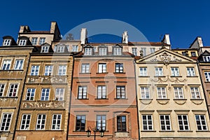 Facades of colorful old Medieval houses in Stare Miasto, Warsaw, Poland