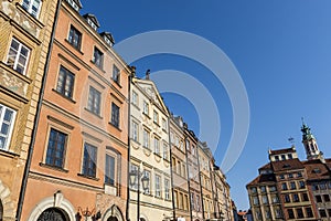 Facades of colorful old Medieval houses in Stare Miasto, Warsaw, Poland