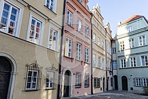 Facades of colorful old Medieval houses in Stare Miasto, Warsaw, Poland