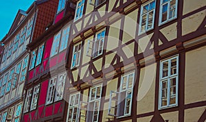 Facades of German half-timbered houses in eriner altstadt with strong colours