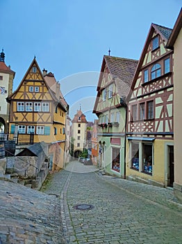 The facades of historical building at Rothenburg ob der Tauber where is the fortified city at Germany.