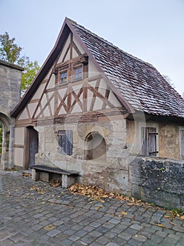 The facades of historical building at Rothenburg ob der Tauber where is the fortified city at Germany.