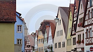 The facades of historical buildings at Rothenburg ob der Tauber where is the fortified city at Germany.