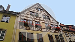 The facades of historical buildings at Rothenburg ob der Tauber where is the fortified city at Germany.