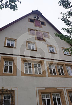 The facades of historical buildings at Rothenburg ob der Tauber where is the fortified city at Germany.