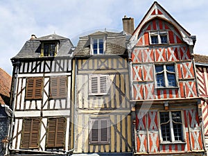 Facades of medieval half-timbered houses in Auxerre