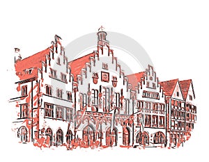 Facades of medieval houses in the old town of Frankfurt am Main, Germany, color illustration.