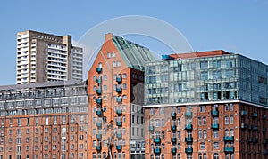 Facades of modern buildings in the city of Hamburg Germany.