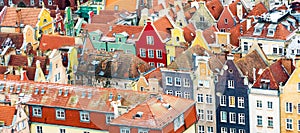 Facades of old houses on the historic street of Gdansk, Poland. Aerial view