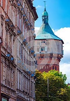 Facades of old houses on a sunny day. Swidnica.