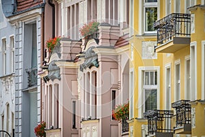 Facades of old tenement houses in Bydgoszcz