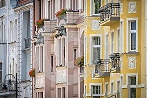 Facades of old tenement houses in Bydgoszcz