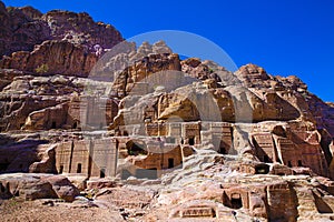 Facades of street of facades in Petra, carving in the mointains