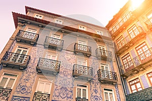 Facades of typical old town houses in Portugal