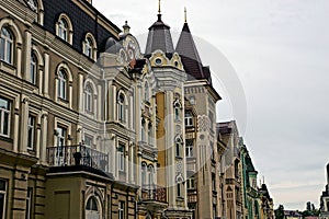 Facades of urban modern houses on a city street