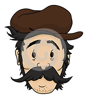 Face of adult worker man with long mustache, black hair and cap, Vector illustration