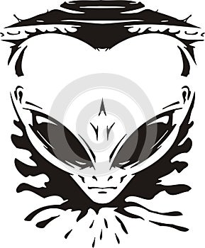 Face of the alien against a spaceship.