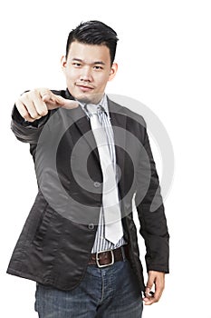 Face of asian man pointing hand to watching to isolated on white