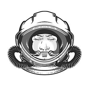 Face of astronaut in space helmet, portrait of spaceman in spacesuit with closed eyes, dreaming cosmonaut, spaceship pilot