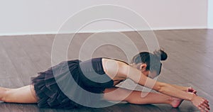 Face, ballerina and woman stretching, performance and training with practice, breathing and moving. Person, performer