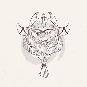 Face of bearded viking wearing horned helmet hand drawn with outlines on light background. Drawing of head of