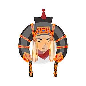 Face of Beautiful Mongol Woman, Central Asian Character in Traditional Headgear Vector Illustration