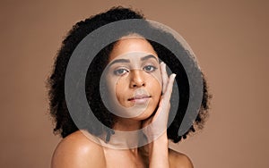 Face, beauty and hair care with black woman and hair, skincare portrait with microblading, healthy skin and glow mockup