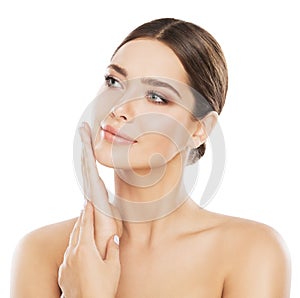 Face Beauty Skin Care, Woman Natural Make Up, Hand on Cheek photo