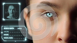 Face biometrical recognition system identify user personality app login closeup