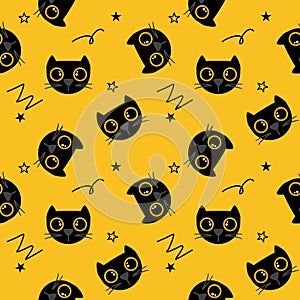 Face black cat cartoon so cute. On star yellow background. Pattern seamless vector illustration