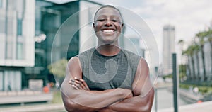 Face, black man and happiness with fitness in outdoor, smile and commitment with sportswear to exercise, jog and active