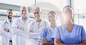 Face, black woman or medical team with arms crossed, group and smile in a hospital, career and diversity. Portrait