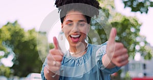 Face, black woman and thumbs up in nature, achievement and good news. African American female, girl and hands in