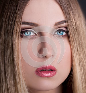 Face, blue eyes, black background, ombre hair