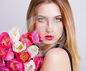 Face, blue eyes, tulips