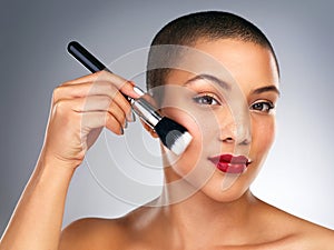 Face, brush and portrait of woman with red lips in studio for lipstick and mascara routine. Cosmetics, beauty and female