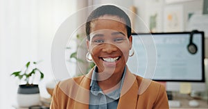 Face, business and black woman with a smile, office or professional with career ambition, company or computer. Portrait