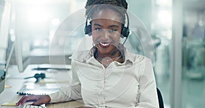 Face, business and black woman with telemarketing, call center or communication with headphones. Portrait, African