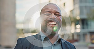 Face, business and laughing black man in city outdoor in the morning on lens flare. Portrait, happy and professional