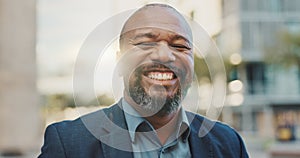 Face, business and laughing black man in city outdoor in the morning on lens flare. Portrait, happy and professional