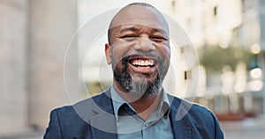 Face, business and laughing black man in city outdoor in the morning on lens flare. Portrait, happy and professional