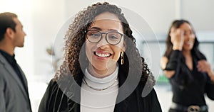Face, business and woman with glasses, professional and lawyer in a meeting, corporate and employee. Portrait, person
