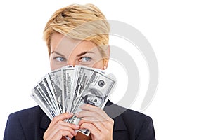 Face of business woman with money fan, dollars and bonus prize giveaway isolated on white background. Cash bills, budget