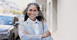 Face, business and woman outdoor, arms crossed and happiness with startup, cheerful and joyful. Portrait, female